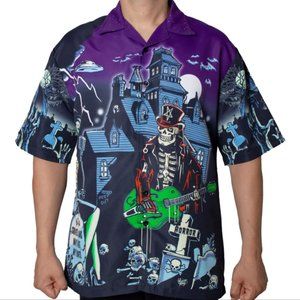 Haunted House Rock n Roll Sublimation Button Up Shirt S-M-L-XL-2XL-3XL NWT